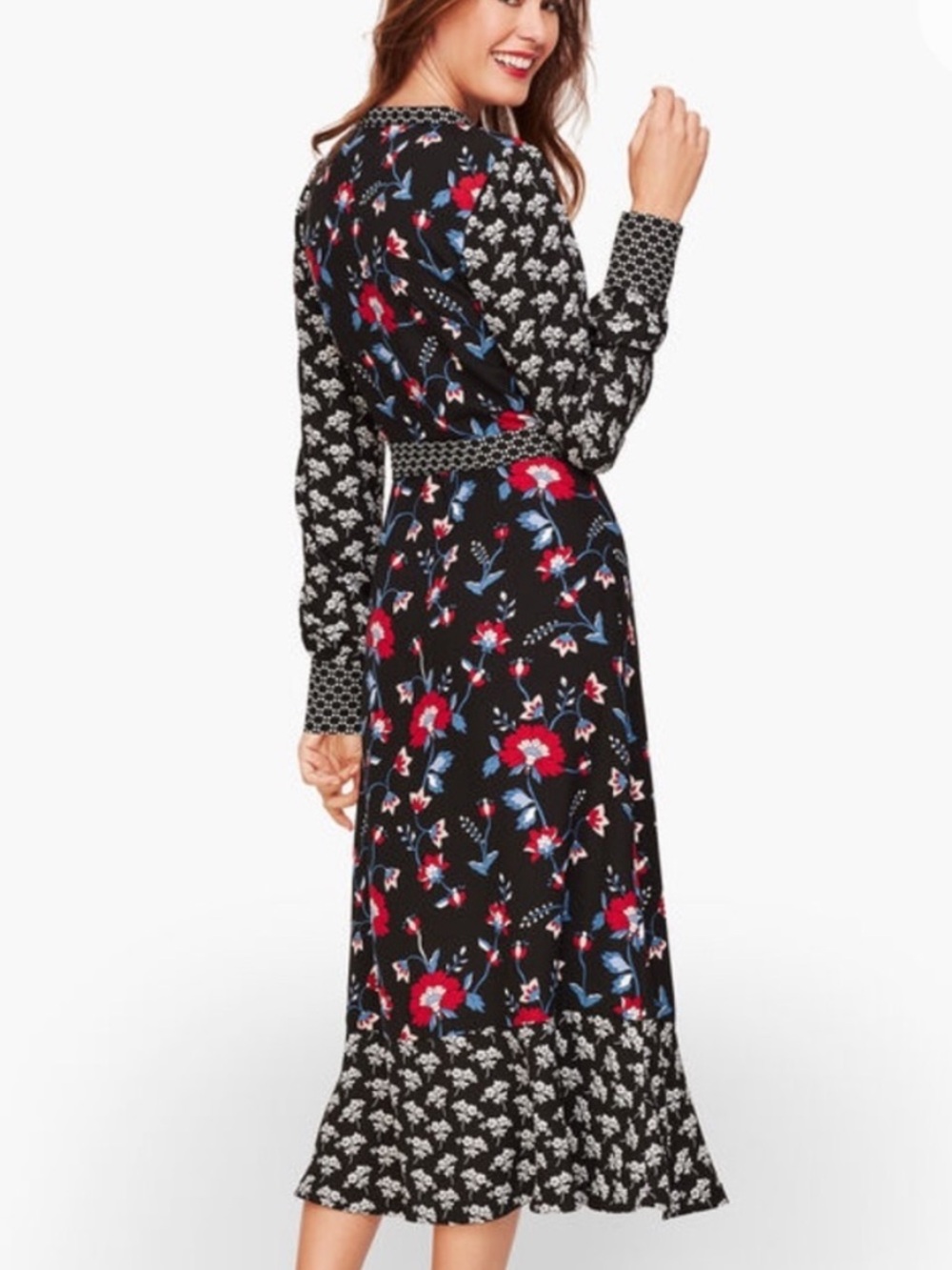 Talbots Floral Tie-Waist Long Sleeve Black Dress size 14p - Picture 2 of 8